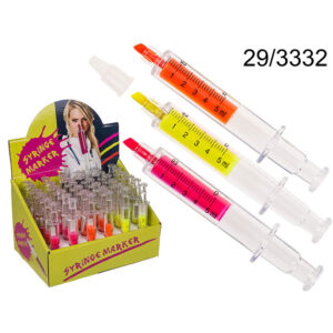 Highlighter, Syringe, ca. 14 cm, plastic, 3 colours ass., 36 pcs. per display