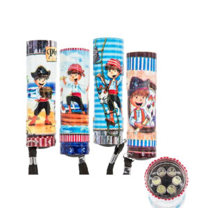 Metal pocket light with 6 LED, Pirates, ca. 8,5 cm, 4 ass., for 3 micro batteries (AAA)