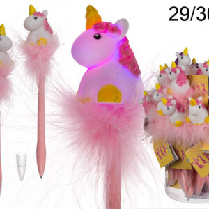 Pen with LED, Unicorn & Pom Pom (incl. batteries) ca. 21 cm, plastic, 2 ass., 24 pcs
