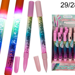 Pen with glitter & light (incl. batteries), ca. 15 cm, plastic, 2 colours ass., 24 pcs per display