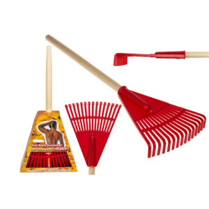 Red plastic back scratcher, with wooden handle, Rake, ca. 60 cm