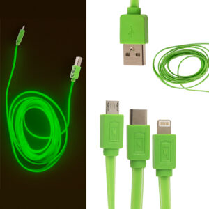 Green USB data cable, glowing in the dark, Type iPhone, C & Micro  2, 7 m