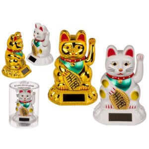 Waving cat, with solar cell, ca. 8 cm, plastic, 2 colours ass., in plastic box