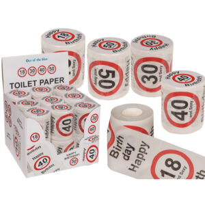 Toilet paper, Happy Birthday, 18, 30, 40 & 50, in shrink wrap, 4 ass., 18 pcs. per display