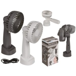 Fan, ca. 9, 5 x 19, 5 cm, plastic, 2 colours ass., with USB-Cable & battery, in gift box