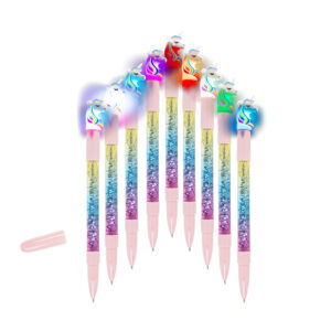 Pen with glitter & colourchanging light, Unicorn  (incl. batteries) ca. 15 cm, plastic material, 24 pcs per display