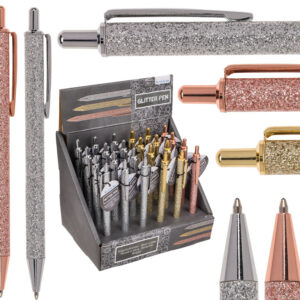 Metal pen, Glitter, ca. 15 cm, 3 colours ass., 24 pcs. per display