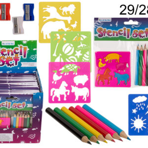 Stencil set, set of 3 (stencil, colour pencils &  sharpener) 4 ass, 24 sets per display