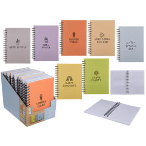Pastel colored spiral bound journal notebook, A5 format with 107 sheets, 8 ass., 16 pcs per tray