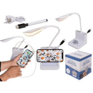 Desk lamp with USB port, smartphone holder, note pad and pen holder