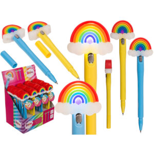 Pen, Rainbow with LED (incl. battery) ca. 15,5 cm, 2 ass., made of plastic and rubber, 24 pcs. per display
