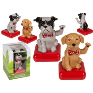 Moveable figurine, Waving Dog, on plastic base with solar cell