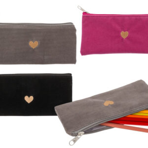 Velvet case with heart embroidery, ca. 20 x 9 cm, 3 colors assorted