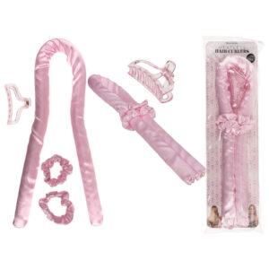 Heatless Hair Curlers. Pink, Set of 4 (1 foam curling iron, 2 scrunchies, 1 hair claw clip) in polybag