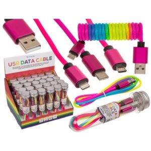 USB data cable, Type iPhone, C & Micro ass., 1 m, Rainbow, in plastic tube with closure, 30/display