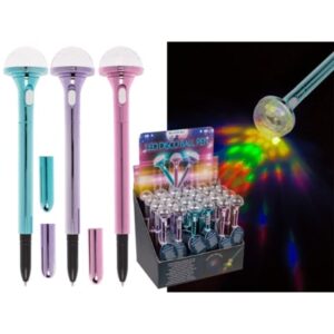 Pen, Disco ball, with LED (incl. batteries) approx. 16 cm, 3 colours ass., 24/display