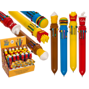 Ball Pen with 10 coloured cartridges, Fast Food, 16 cm, plastic, 4 ass., 24 pcs. per display