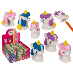 Sharpener, Unicorn, approx. 3,6 x 4,5 cm, plastic, 3 colours ass., 24 pcs. per display