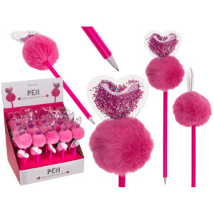 Pen, Glitter Heart Pom Pom, approx. 25 cm, 20 pcs. per display