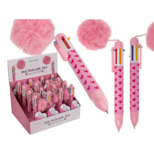 Ball Pen with 6 coloured cartridges, Heart Pom Pom, approx. 14,2 cm, 16 pcs. per display