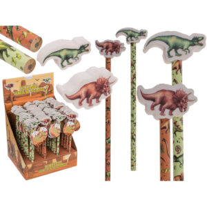 Pencil with eraser, Dinosaur, approx. 18,5 cm, 2 colours ass., on card, 36 pcs. per display