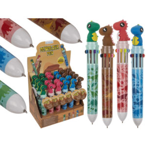 Ball Pen with 10 coloured cartridges, Dinosaur, 4 colours ass., 24 pcs. per display