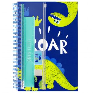 STATIONERY SET DINO: SPIRAL NOTEBOOK A5, ERASER, PENCIL, SHARPENER, RULER 15CM